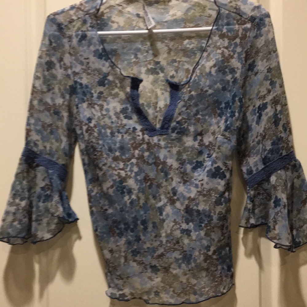 Jonathan Martin womens floral sheer top 3/4 trumpet flowy sleeves size S